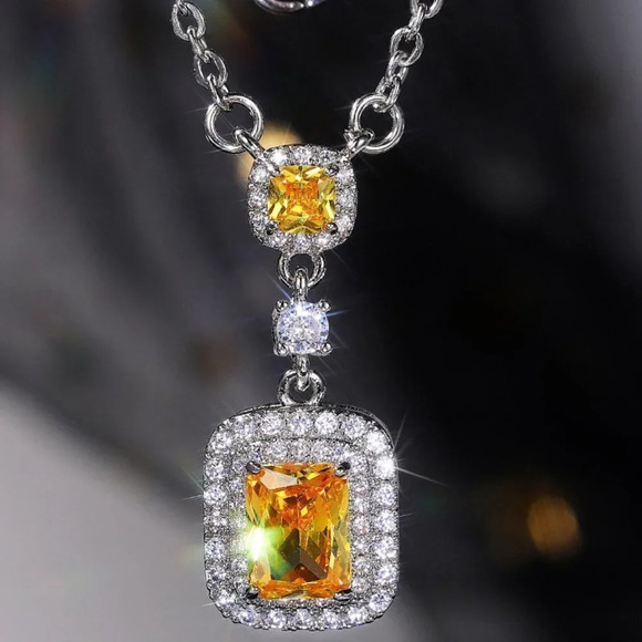 🎁Bling Double Royal Yellow Zircon Silver Plated Necklace foUNVN12412 - Picture 2 of 7